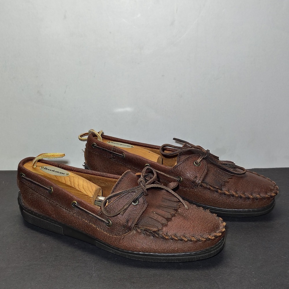 Minnetonka Mens Moccasin Size 8 Brown Leather Vintage Kiltie Fringe Loafers 862